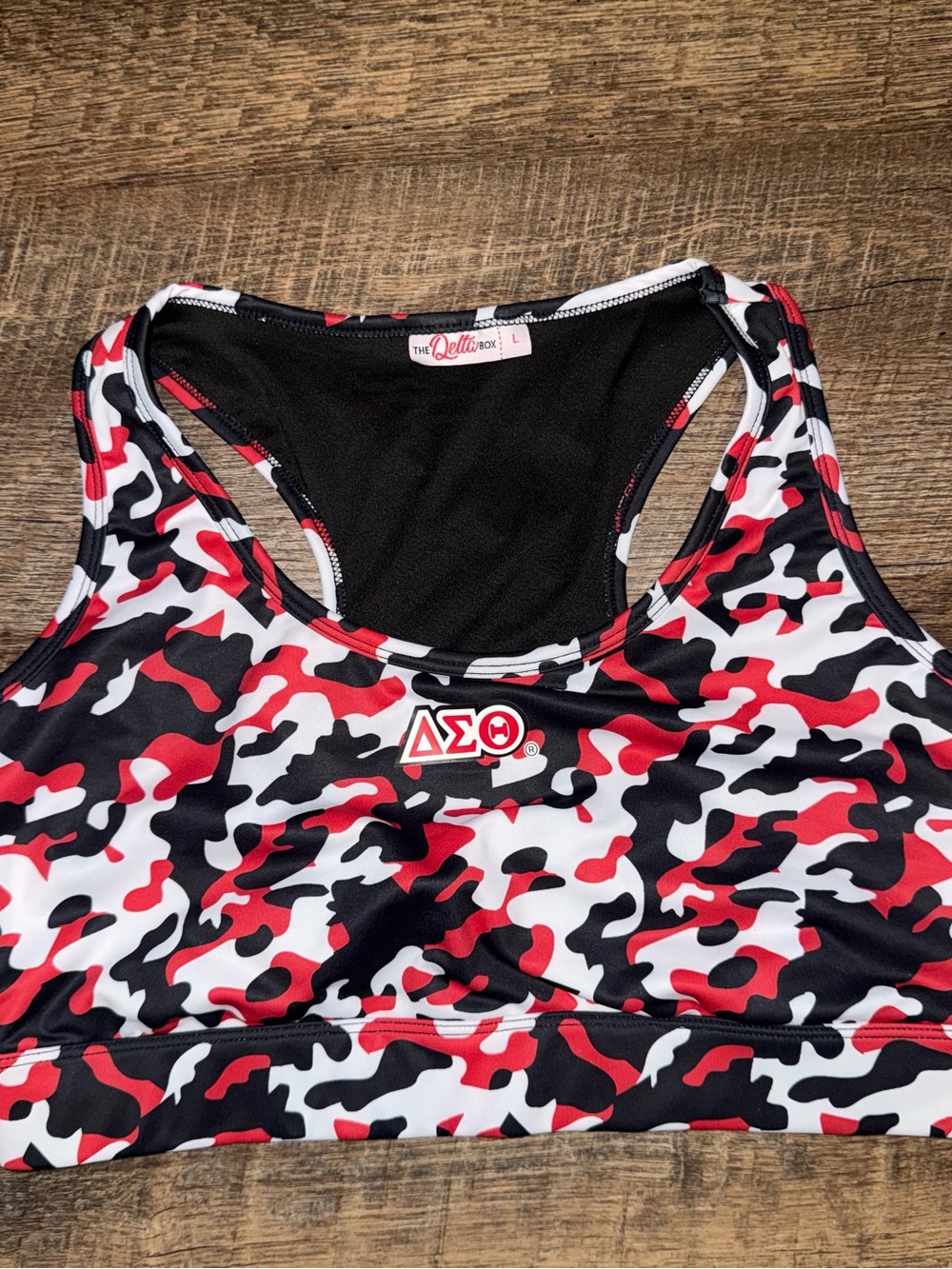 Delta Sigma Theta Red/Black/White Camo Sports Bra Women’s Size Large